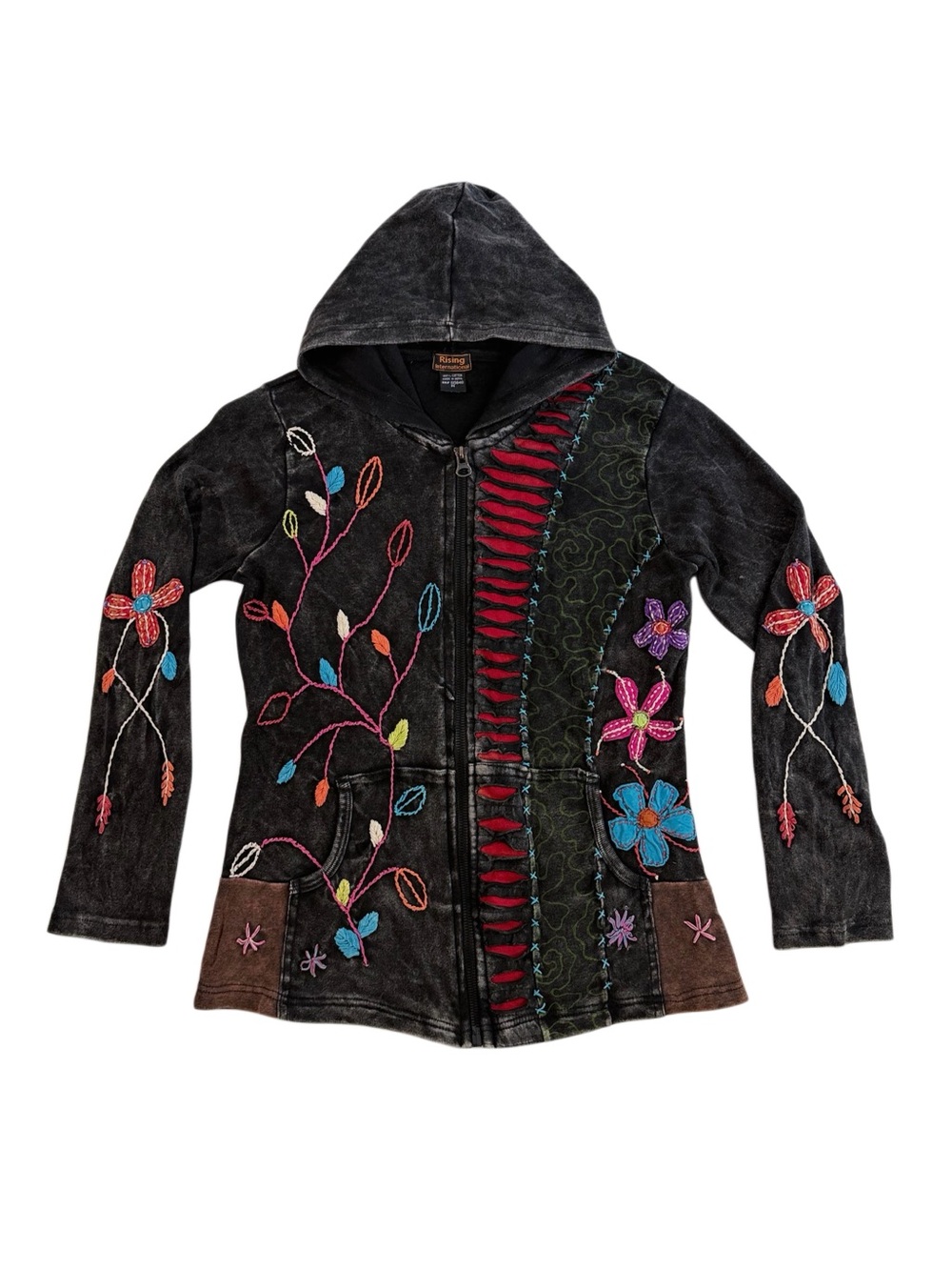 Boho Embroidered Hooded Jacket - Black with Multicolor Floral